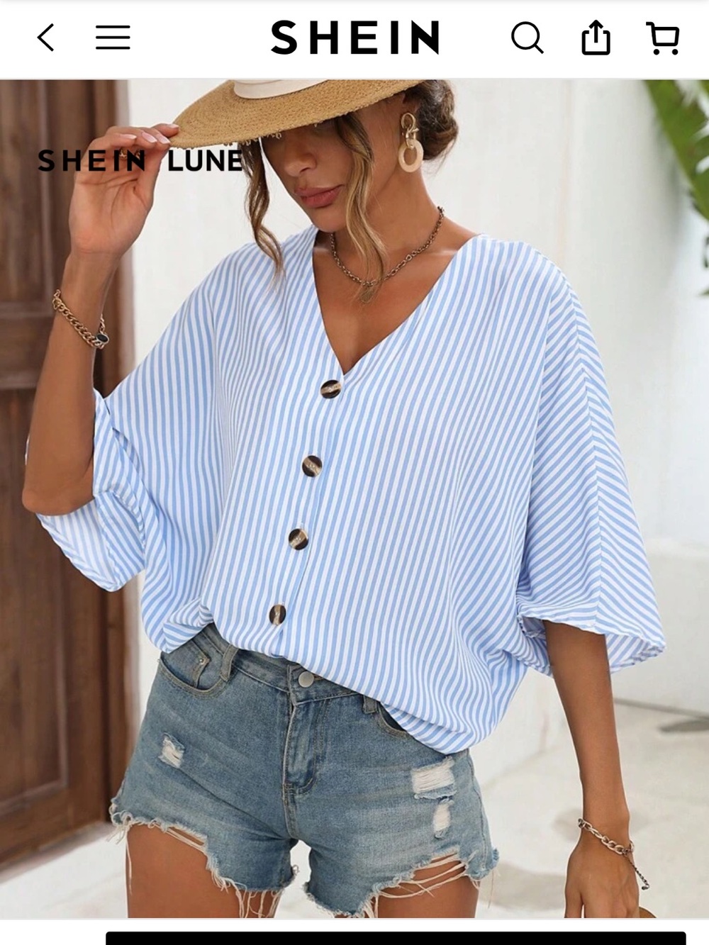SHEIN Light Blue Striped V-Neck Button Front Women’s Top